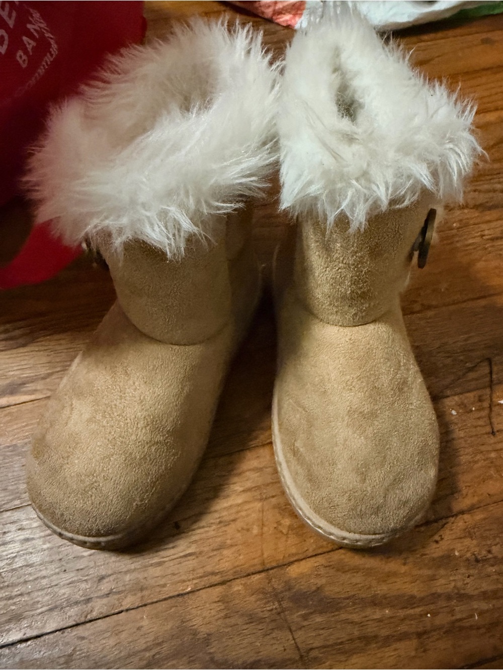 Kids Tan Faux-Suede Winter Boots with White Faux-Fur Trim
